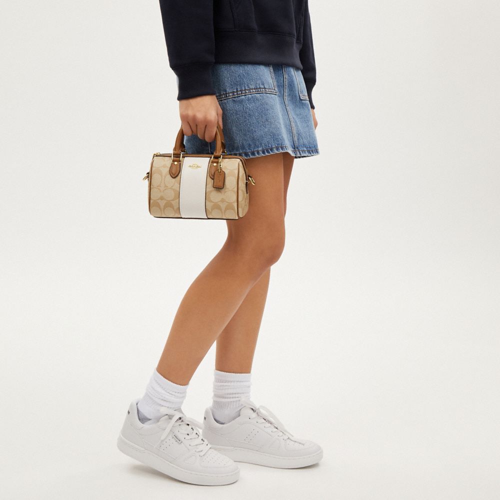 COACH®,Mini Rowan Crossbody In Signature Canvas With Stripe,Canvas,Leather,Satchel,Piping,Color Block,Logo,Casual,Beige,Detail View