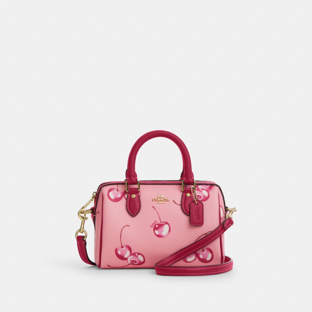 COACH®,MINI ROWAN CROSSBODY WITH CHERRY PRINT,Novelty Print,Small,Im/Flower Pink/Bright Violet,Front View