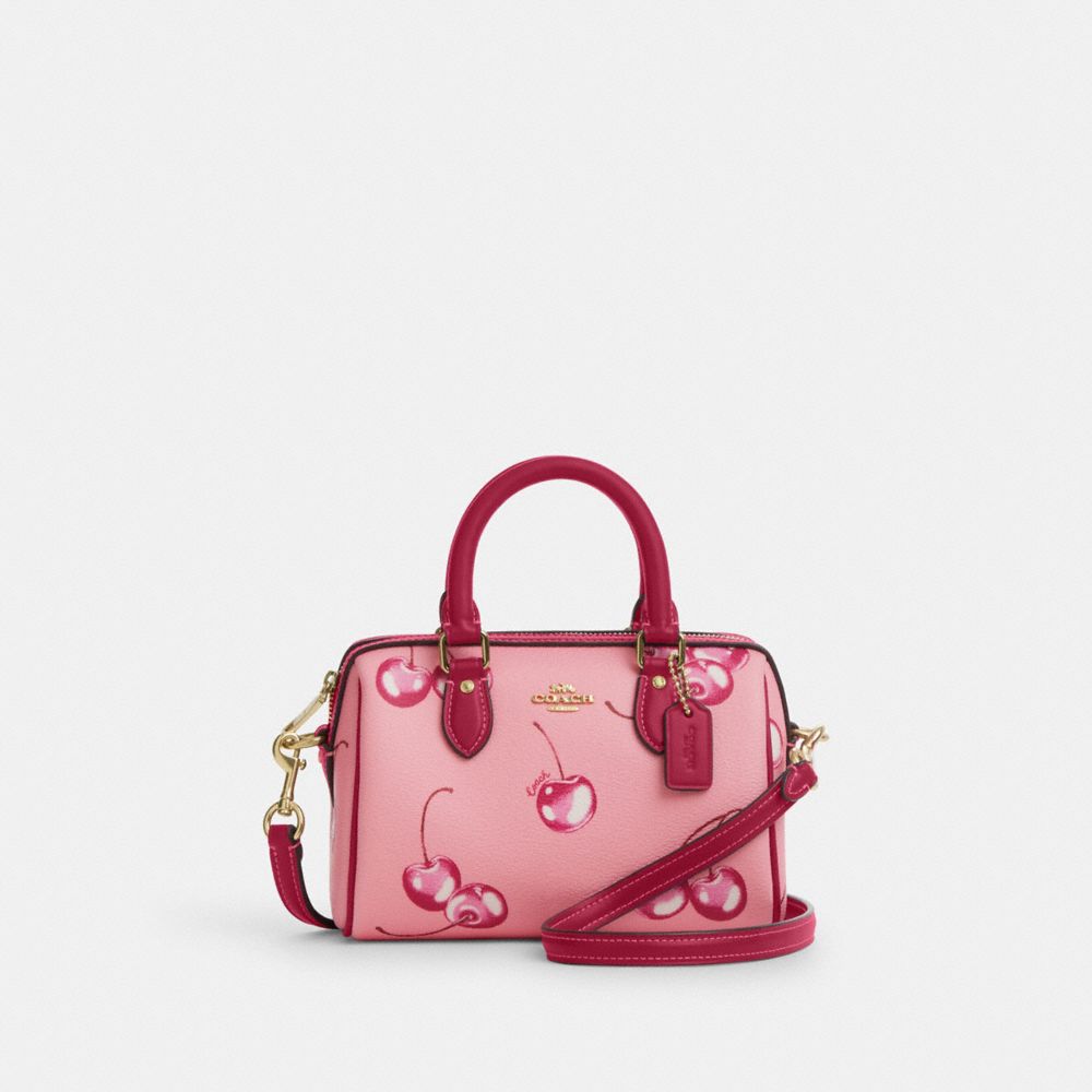 COACH®,MINI ROWAN CROSSBODY WITH CHERRY PRINT,pvc,Im/Flower Pink/Bright Violet,Front View