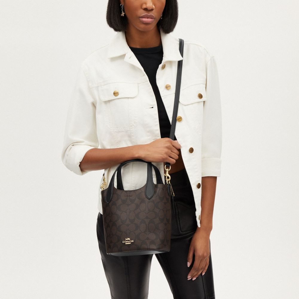 COACH®,Hanna Bucket Bag In Signature Canvas,Leather,Bucket,Logo,Casual,Brown,Detail View