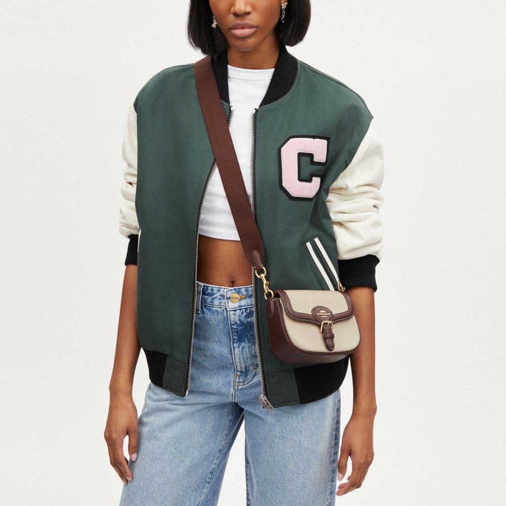 COACH®,Amelia Small Saddle Bag,Canvas,Leather,Cotton,Saddle Bag,Piping,Logo,Gold Metal,Casual,Cream,Detail View