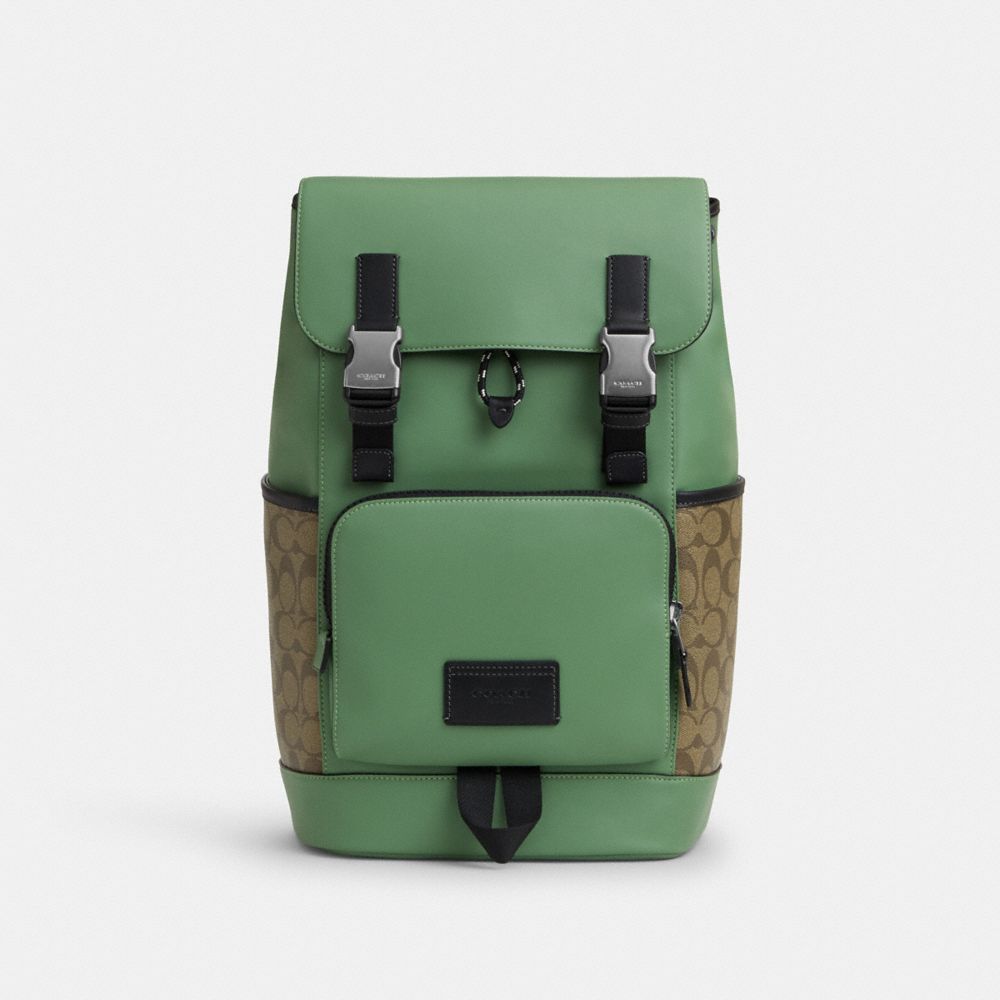 COACH®,TRACK BACKPACK IN COLORBLOCK SIGNATURE CANVAS,Signature Canvas,X-Large,Sv/Khaki/Soft Green,Front View