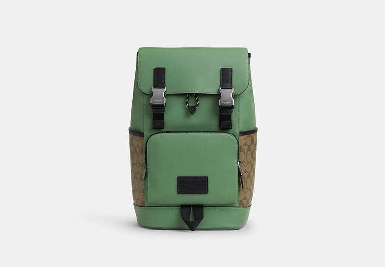 COACH®,TRACK BACKPACK IN COLORBLOCK SIGNATURE CANVAS,pvc,X-Large,Sv/Khaki/Soft Green,Front View