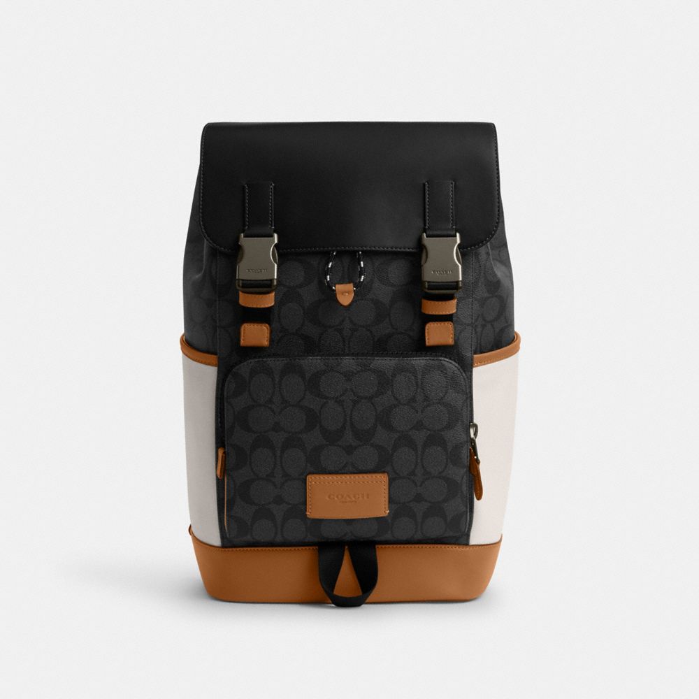 COACH®,TRACK BACKPACK IN COLORBLOCK SIGNATURE CANVAS,Signature Canvas,X-Large,Black Antique Nickel/Charcoal/Chalk/Light Saddle,Front View image number 0
