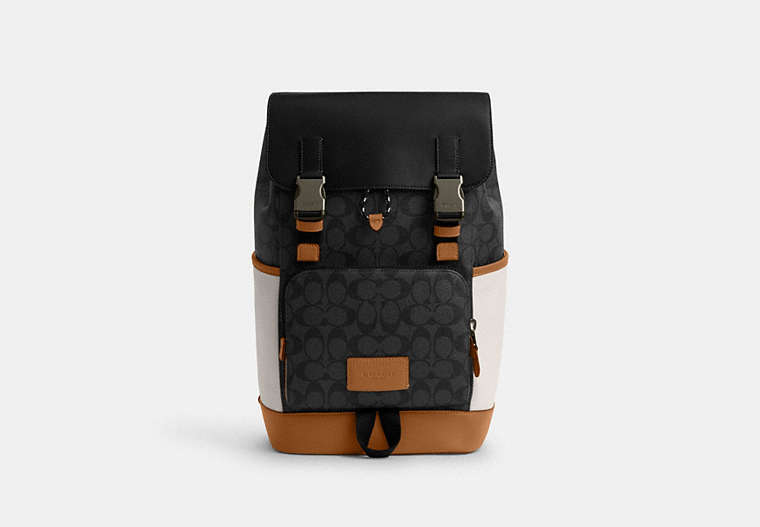COACH®,TRACK BACKPACK IN COLORBLOCK SIGNATURE CANVAS,pvc,X-Large,Black Antique Nickel/Charcoal/Chalk/Light Saddle,Front View image number 0