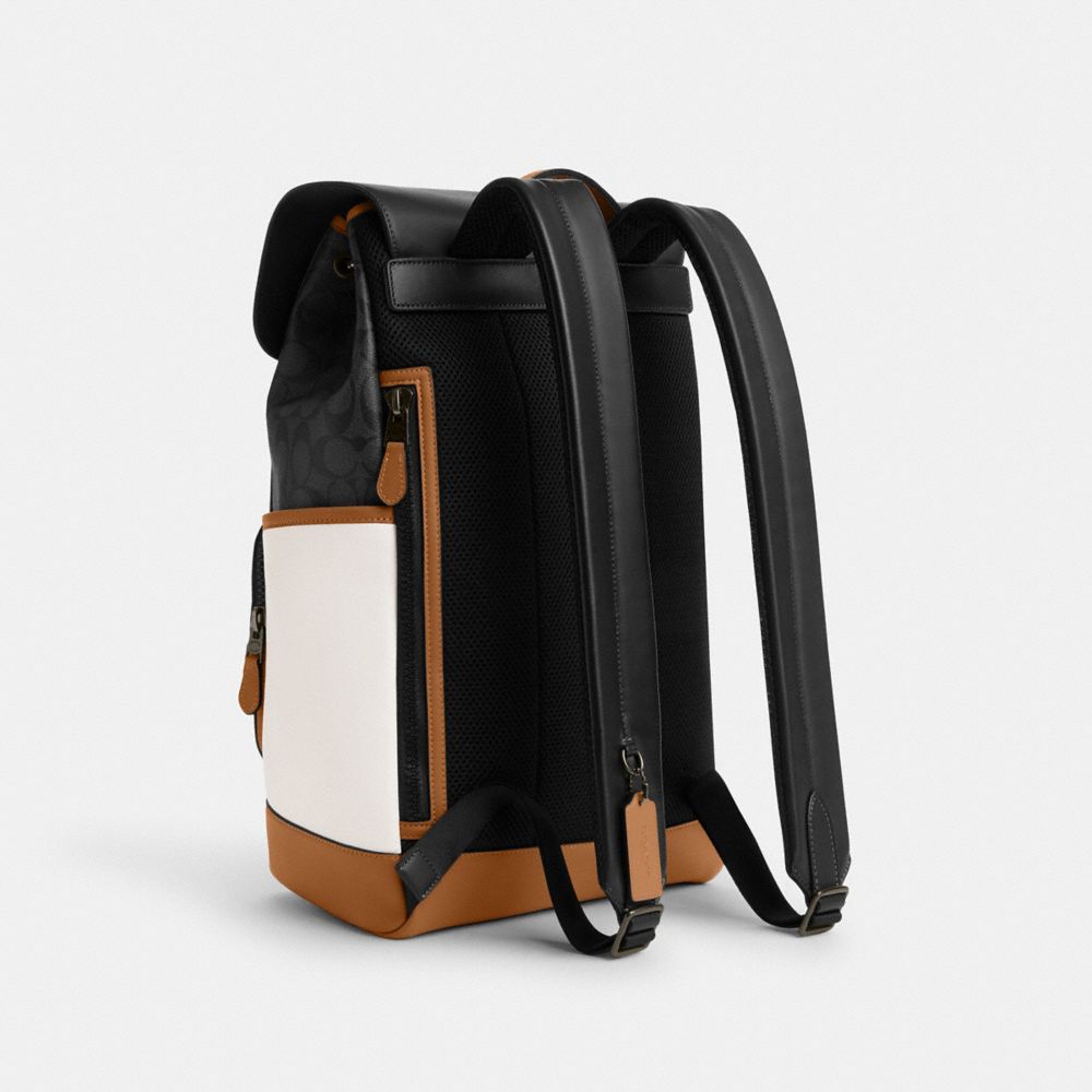 COACH®,TRACK BACKPACK IN COLORBLOCK SIGNATURE CANVAS,Signature Canvas,X-Large,Black Antique Nickel/Charcoal/Chalk/Light Saddle,Angle View