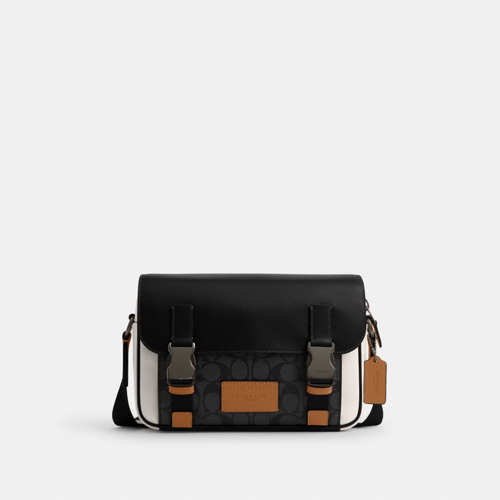 COACH®,TRACK CROSSBODY BAG IN COLORBLOCK SIGNATURE CANVAS,Signature Canvas,Medium,Black Antique Nickel/Charcoal/Chalk/Light Saddle,Front View