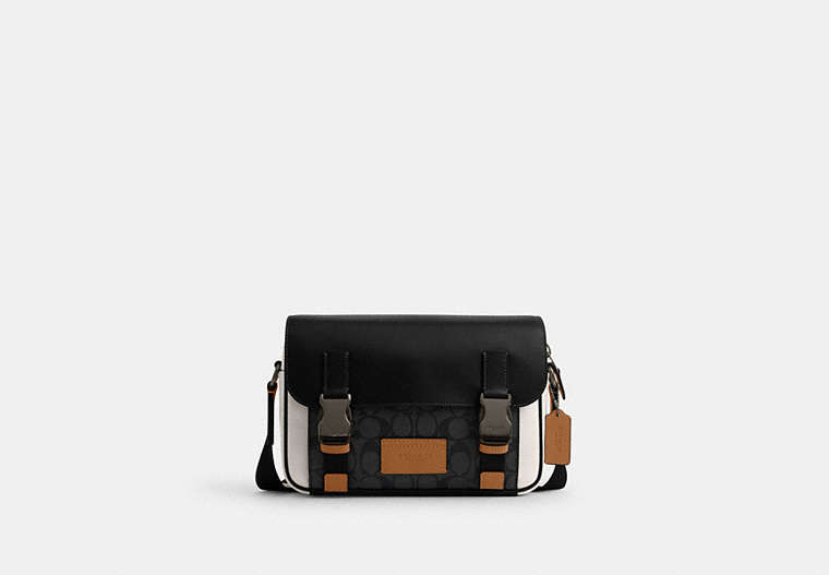 COACH®,TRACK CROSSBODY BAG IN COLORBLOCK SIGNATURE CANVAS,Leather,Medium,Black Antique Nickel/Charcoal/Chalk/Light Saddle,Front View