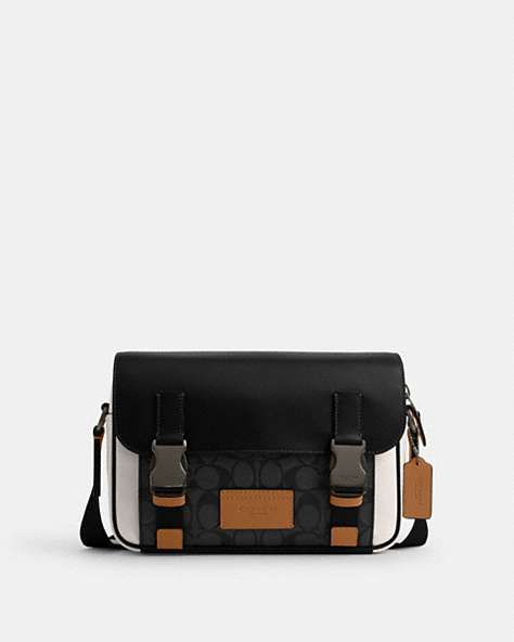 COACH®,TRACK CROSSBODY IN COLORBLOCK SIGNATURE CANVAS,Leather,Medium,Black Antique Nickel/Charcoal/Chalk/Light Saddle,Front View