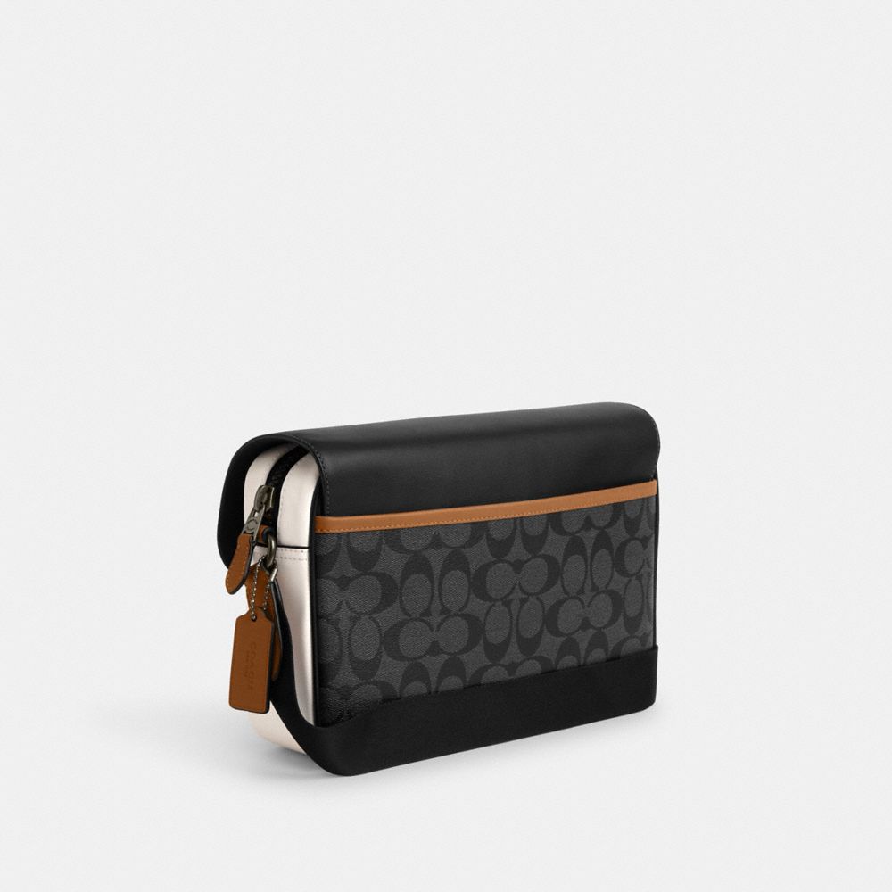 COACH®,TRACK CROSSBODY BAG IN COLORBLOCK SIGNATURE CANVAS,Signature Canvas,Medium,Black Antique Nickel/Charcoal/Chalk/Light Saddle,Angle View