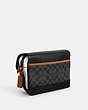COACH®,TRACK CROSSBODY BAG IN COLORBLOCK SIGNATURE CANVAS,Leather,Medium,Black Antique Nickel/Charcoal/Chalk/Light Saddle,Angle View
