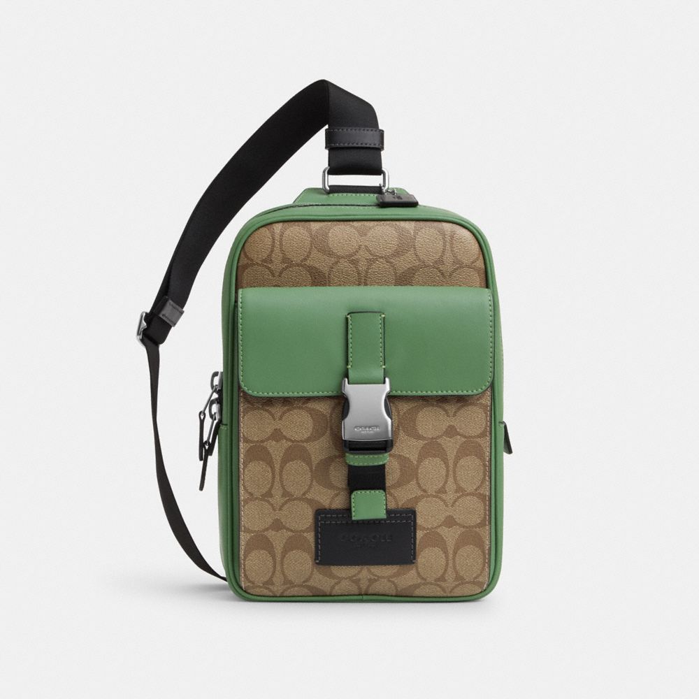 COACH®,TRACK PACK IN COLORBLOCK SIGNATURE CANVAS,Signature Canvas,Medium,Sv/Khaki/Soft Green,Front View