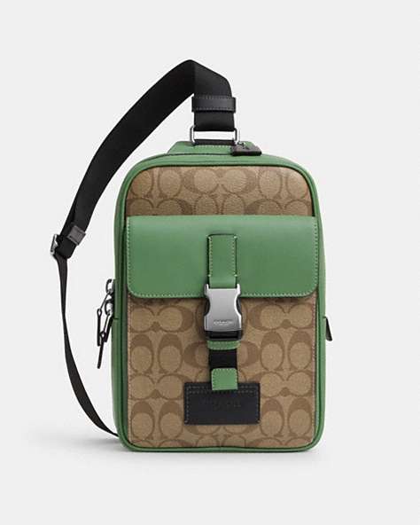 COACH®,TRACK PACK IN COLORBLOCK SIGNATURE CANVAS,pvc,Sv/Khaki/Soft Green,Front View