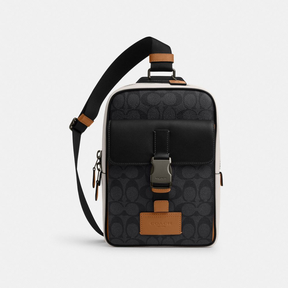 COACH®,TRACK PACK IN COLORBLOCK SIGNATURE CANVAS,Signature Canvas,Medium,Black Antique Nickel/Charcoal/Chalk/Light Saddle,Front View image number 0