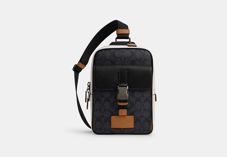 COACH®,TRACK PACK IN COLORBLOCK SIGNATURE CANVAS,pvc,Medium,Black Antique Nickel/Charcoal/Chalk/Light Saddle,Front View image number 0