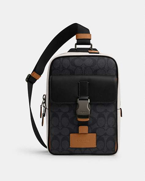 COACH®,TRACK PACK IN COLORBLOCK SIGNATURE CANVAS,pvc,Medium,Black Antique Nickel/Charcoal/Chalk/Light Saddle,Front View