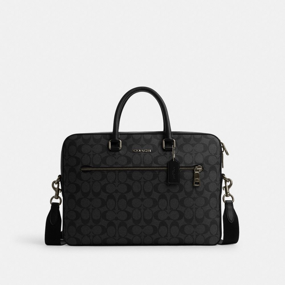 COACH®,ETHAN SLIM BRIEF IN SIGNATURE CANVAS,pvc,Medium,Gunmetal/Black/Black,Front View