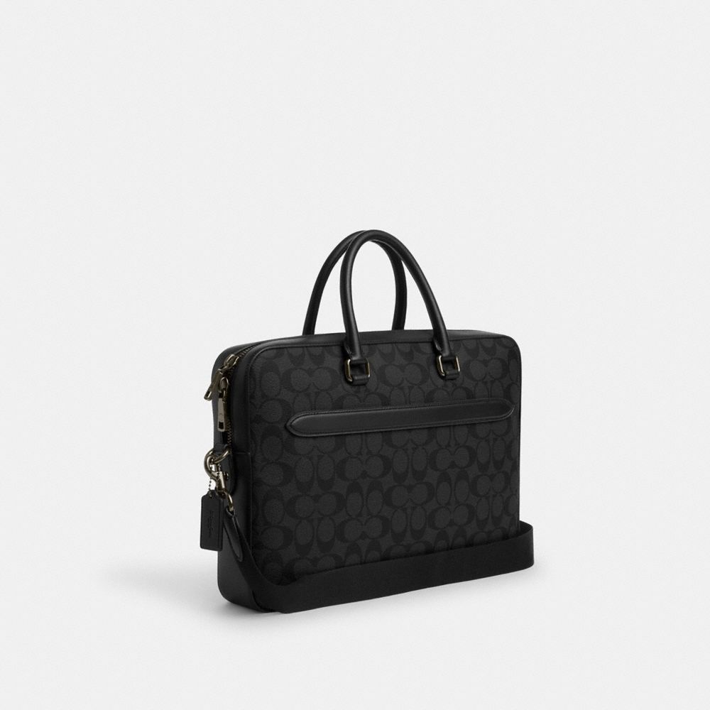 COACH®,PORTE-DOCUMENT FIN ETHAN EN TOILE EXCLUSIVE,Tissu en toile exclusif,Bronze industriel/Noir/Noir,Angle View