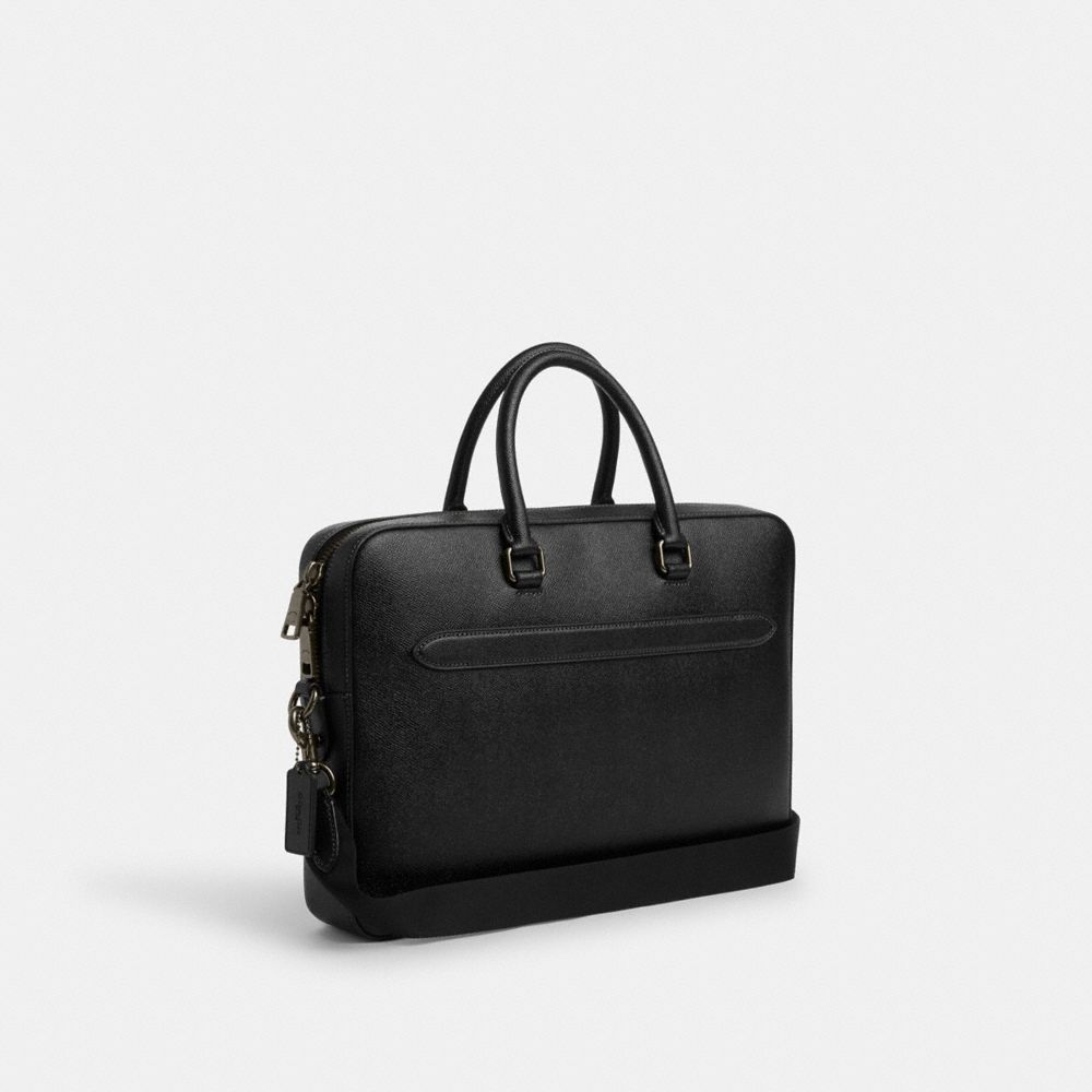 COACH®,ETHAN SLIM BRIEF,Crossgrain Leather,Medium,Gunmetal/Black,Angle View