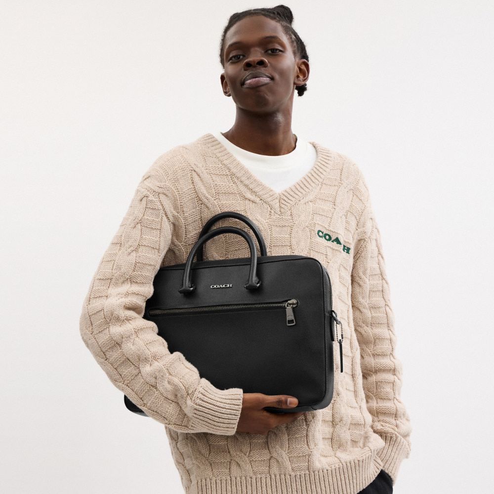 COACH®,Ethan Slim Brief,Leather,Briefcase,Logo,Work,Black,Detail View