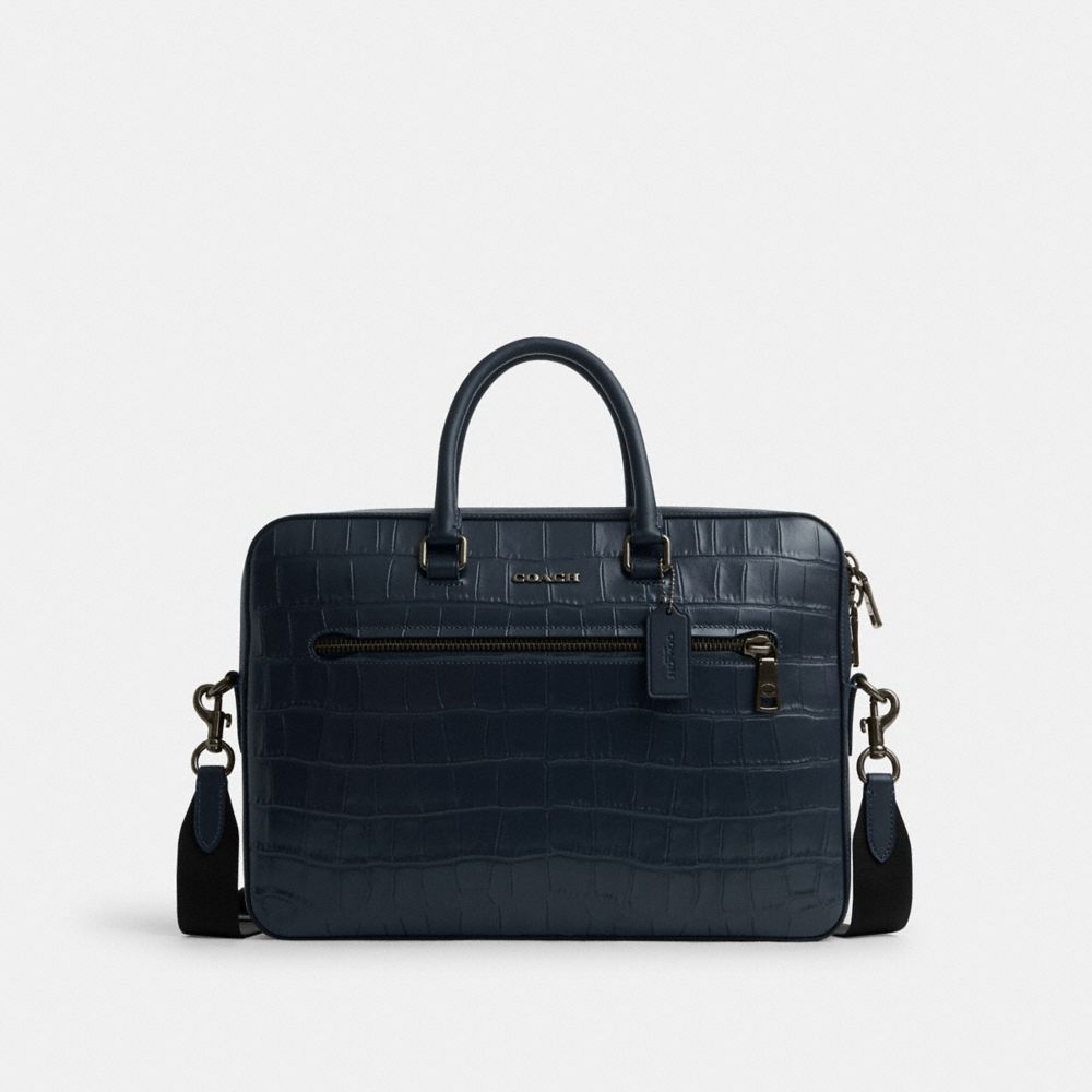 COACH®,ETHAN SLIM BRIEF,Novelty Leather,Medium,Gunmetal/Midnight Navy,Front View