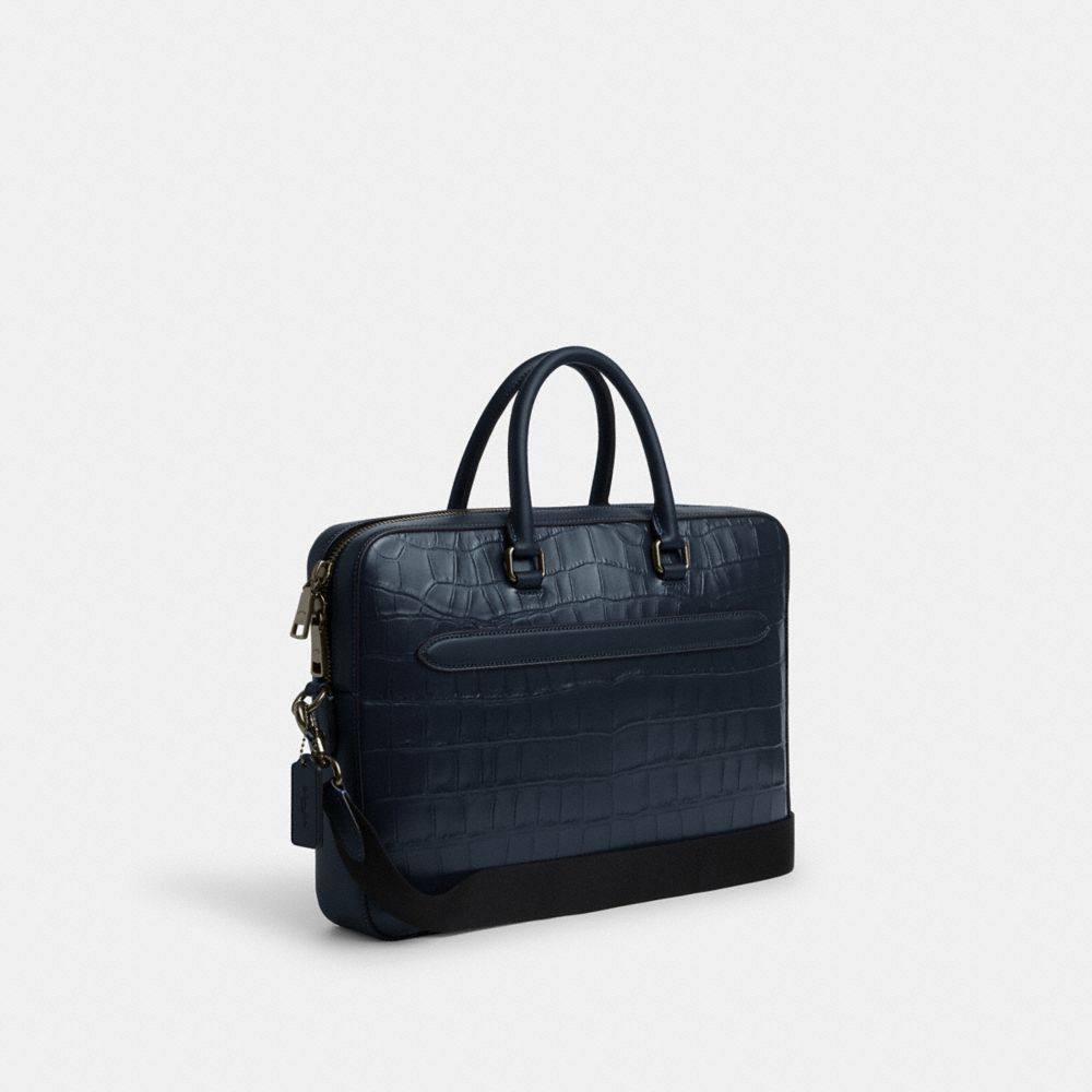 COACH®,ETHAN SLIM BRIEF,Novelty Leather,Medium,Gunmetal/Midnight Navy,Angle View