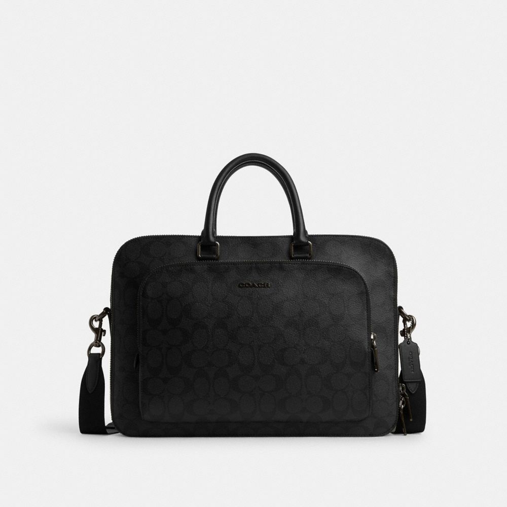 COACH®,ETHAN BRIEF IN SIGNATURE CANVAS,Signature Canvas,Medium,Gunmetal/Black/Black,Front View