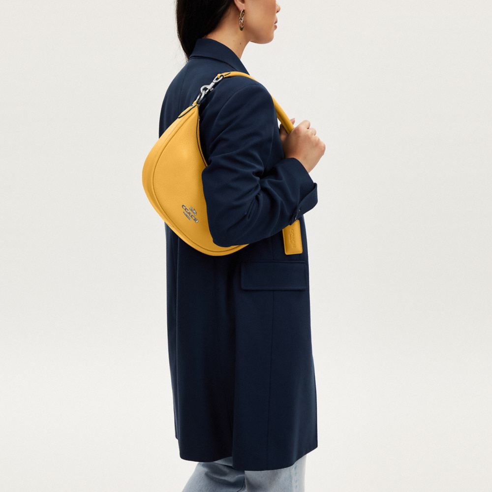 COACH®,Aria Shoulder Bag,Leather,Shoulder Bag,Logo,Metal,Embossed,Day Party,Yellow,Detail View