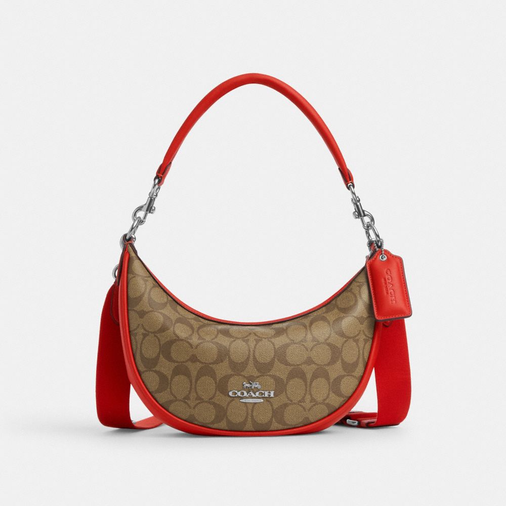 COACH®,ARIA SHOULDER BAG IN SIGNATURE CANVAS,Signature Canvas,Medium,Silver/Khaki/Miami Red,Front View