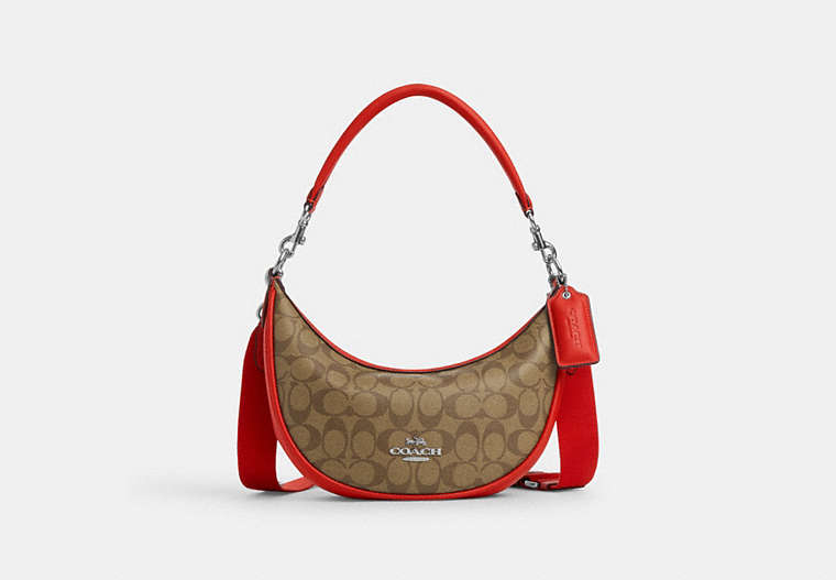 COACH®,ARIA SHOULDER BAG IN SIGNATURE CANVAS,pvc,Silver/Khaki/Miami Red,Front View image number 0