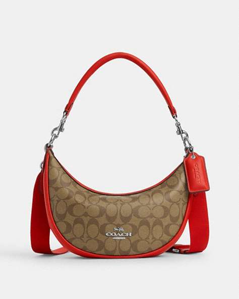 COACH®,ARIA SHOULDER BAG IN SIGNATURE CANVAS,pvc,Silver/Khaki/Miami Red,Front View