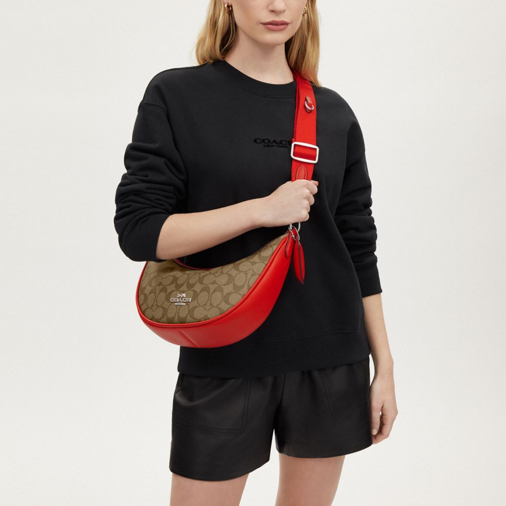 COACH®,Aria Shoulder Bag In Signature Canvas,Leather,Canvas,Shoulder Bag,Color Block,Day Party,Red,Detail View