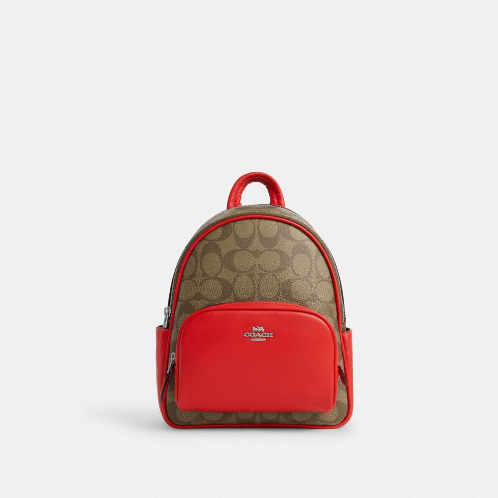 COACH®,MINI COURT BACKPACK IN SIGNATURE CANVAS,Signature Canvas,Medium,Silver/Khaki/Miami Red,Front View