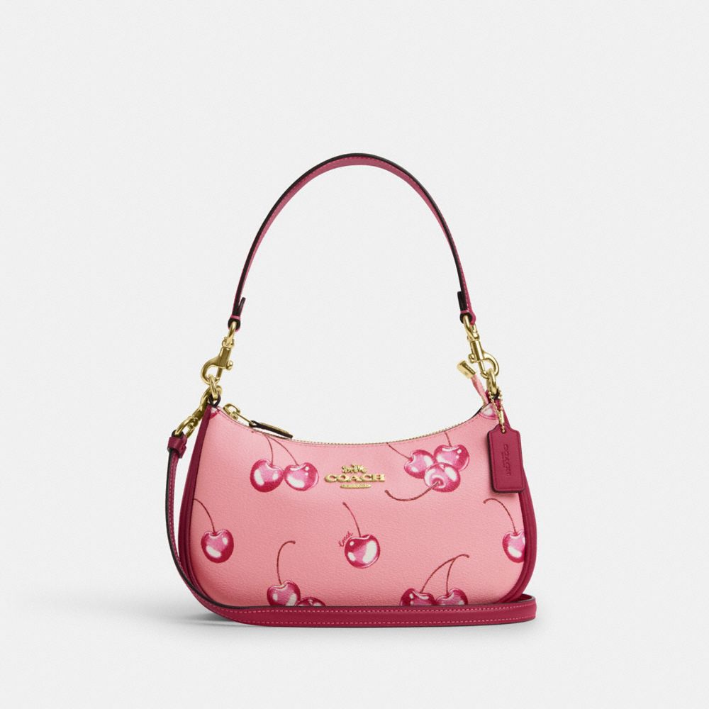 COACH®,TERI SHOULDER BAG WITH CHERRY PRINT,Novelty Print,Im/Flower Pink/Bright Violet,Front View image number 0