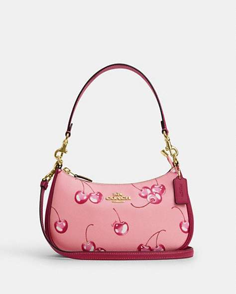 COACH®,TERI SHOULDER BAG WITH CHERRY PRINT,Leather,Im/Flower Pink/Bright Violet,Front View