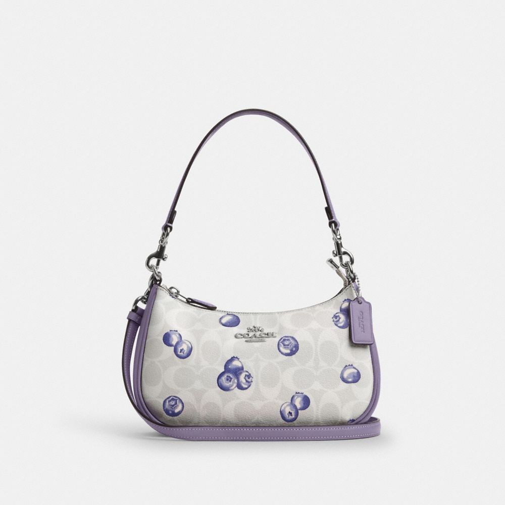 COACH®,TERI SHOULDER BAG IN SIGNATURE CANVAS WITH BLUEBERRY PRINT,Leather,Silver/Chalk/Light Violet,Front View