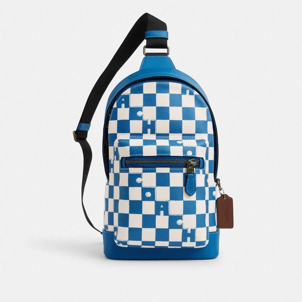 COACH®,WEST PACK WITH CHECKERBOARD PRINT,Novelty Print,Medium,Black Antique Nickel/Blue Jay/Chalk,Front View