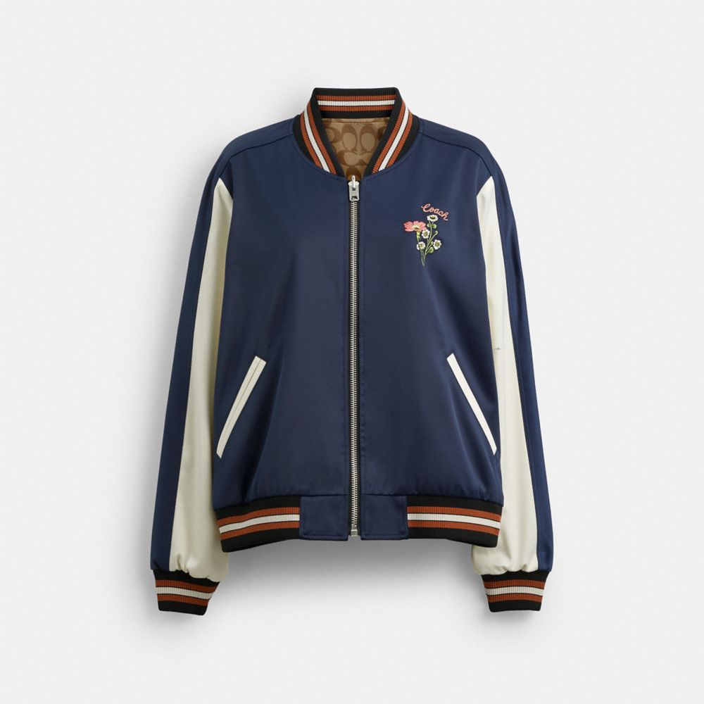 COACH®,REVERSIBLE FLORAL PRINT SIGNATURE SOUVENIR JACKET,Navy,Front View