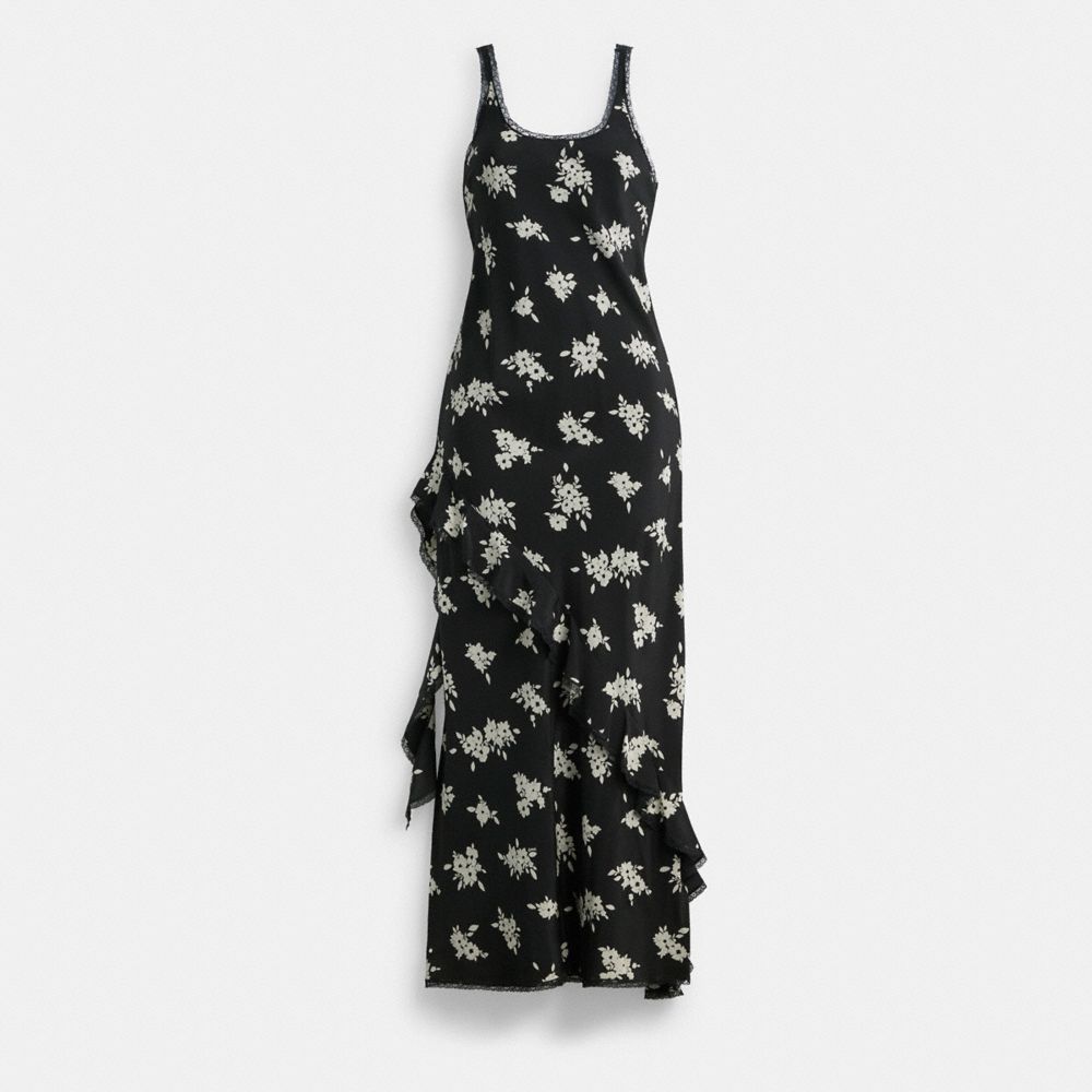 COACH®,LONG FLORAL RUFFLE DRESS,Black/White Multi,Front View image number 0