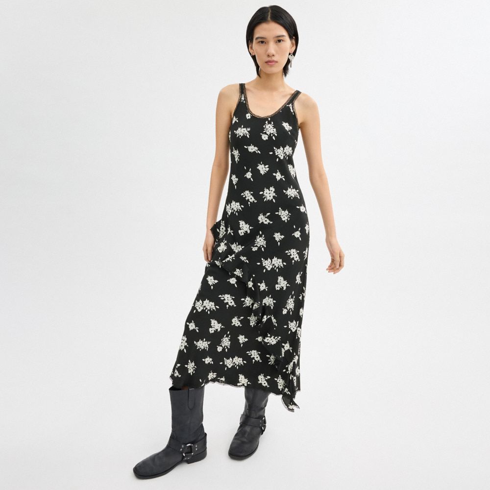 COACH®,LONG FLORAL RUFFLE DRESS,Silk,Black/White Multi,Scale View