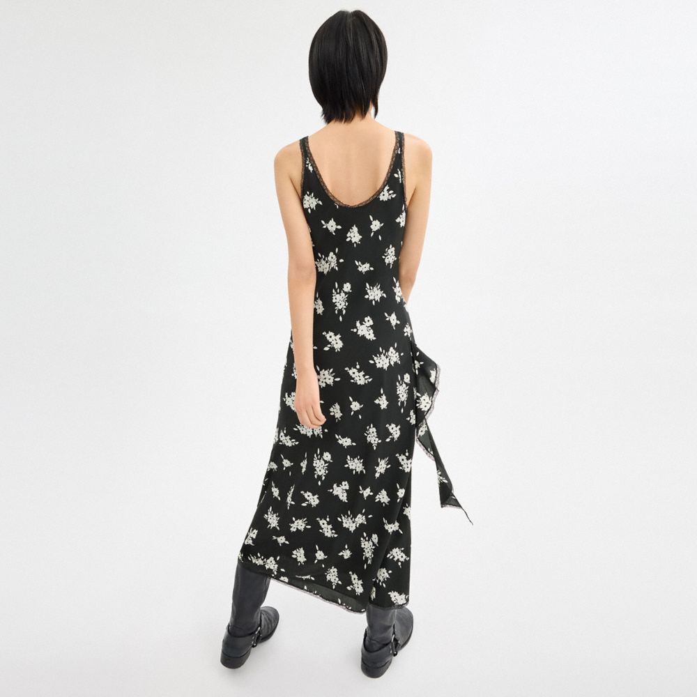 COACH®,LONG FLORAL RUFFLE DRESS,Black/White Multi,Scale View