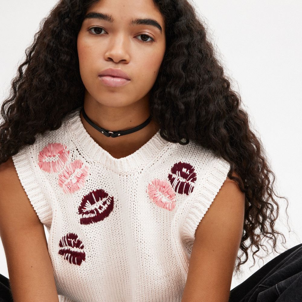 COACH®,Lip Print Sweater Vest,White,Detail View
