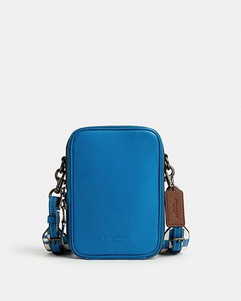 COACH®,STANTON CROSSBODY WITH CHECKERBOARD PRINT,Leather,Mini,Black Antique Nickel/Blue Jay/Chalk,Front View