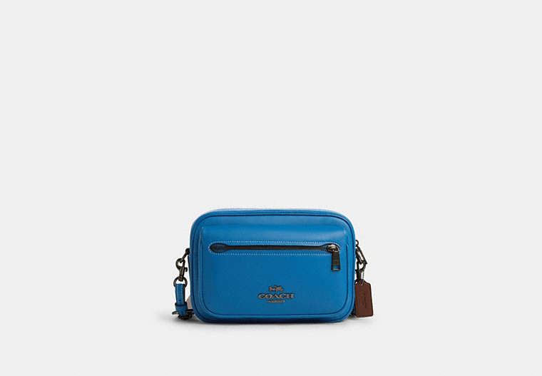 COACH®,ELIAS CROSSBODY WITH CHECKERBOARD PRINT,Leather,Medium,Black Antique Nickel/Blue Jay/Chalk,Front View