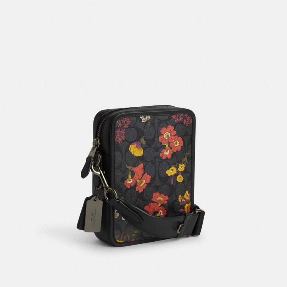 COACH®,SULLIVAN CROSSBODY IN SIGNATURE CANVAS WITH FLORAL PRINT,Small,Gunmetal/Charcoal Multi,Angle View