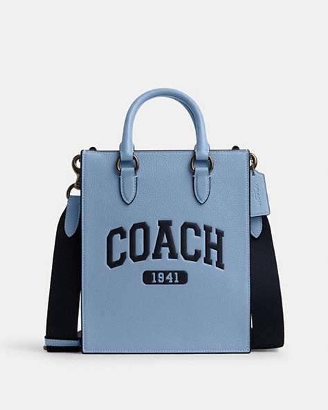 COACH®,DYLAN TOTE WITH VARSITY,Leather,Medium,Gunmetal/Cornflower,Front View