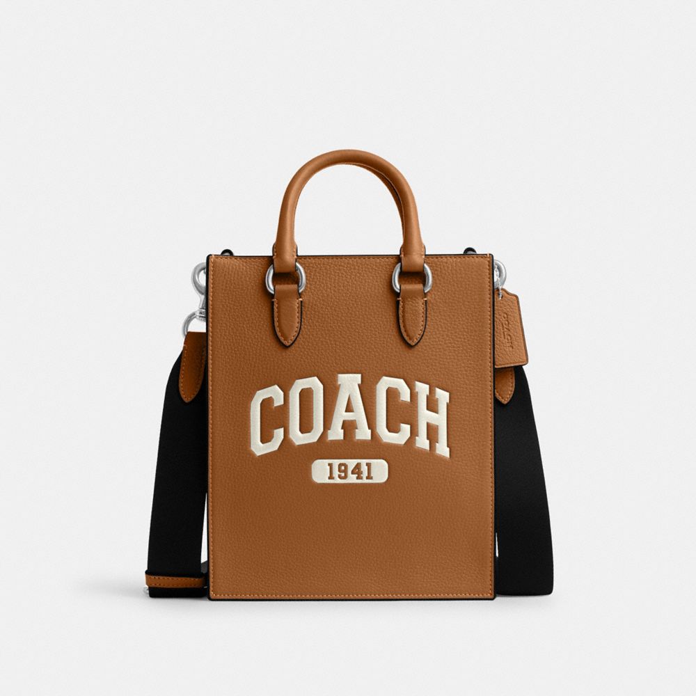 COACH®,CABAS DYLAN VARSITY,Cuir,Argent/Brun pâle,Front View