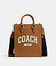 COACH®,DYLAN TOTE BAG WITH VARSITY,Leather,Medium,Silver/Light Saddle,Front View