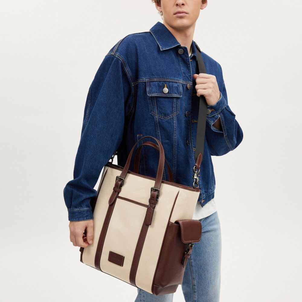 COACH®,Sprint Tote,Canvas,Leather,Cotton,Tote,Applique,Piping,Logo,Color Block,Casual,Cream,Detail View
