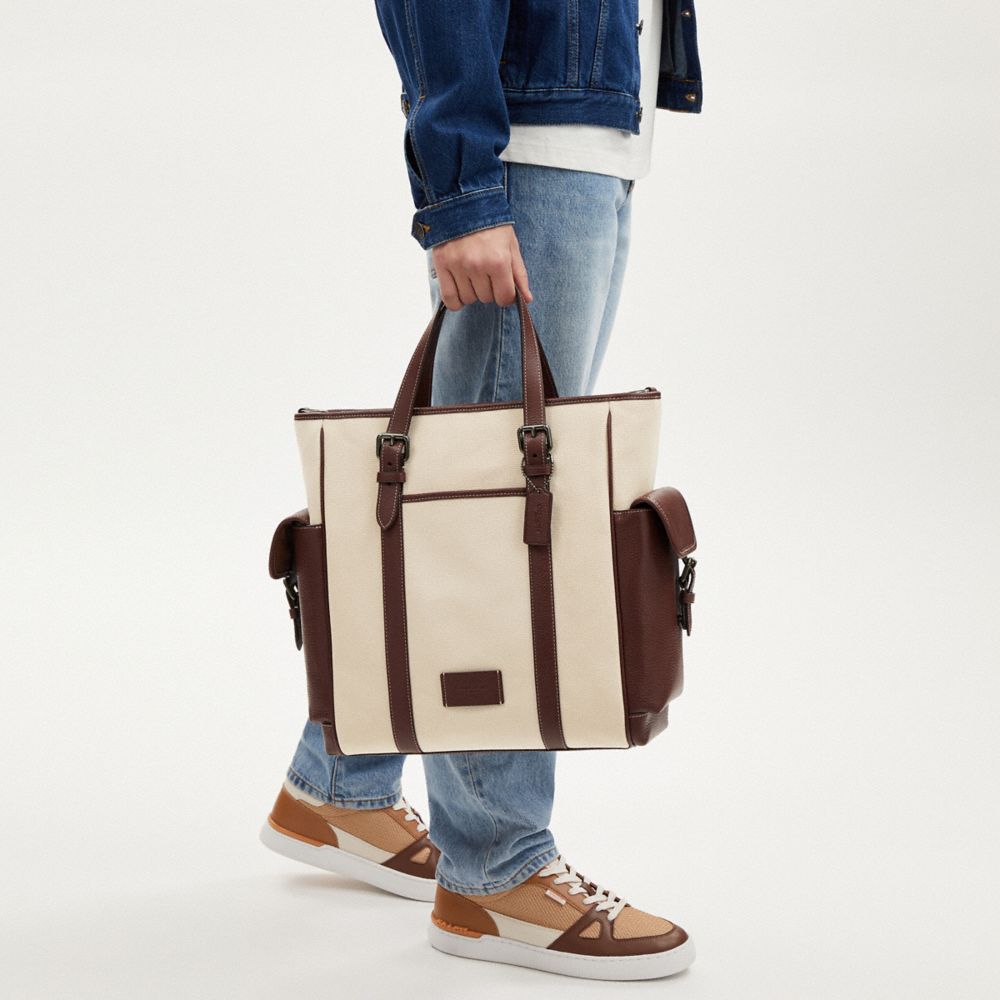 COACH®,Sprint Tote,Canvas,Leather,Cotton,Tote,Applique,Piping,Logo,Color Block,Casual,Cream,Detail View